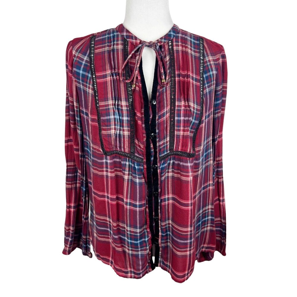 Seven7 Button Up Shirt Women Medium Red Blue Plaid Long Sleeve Western Casual